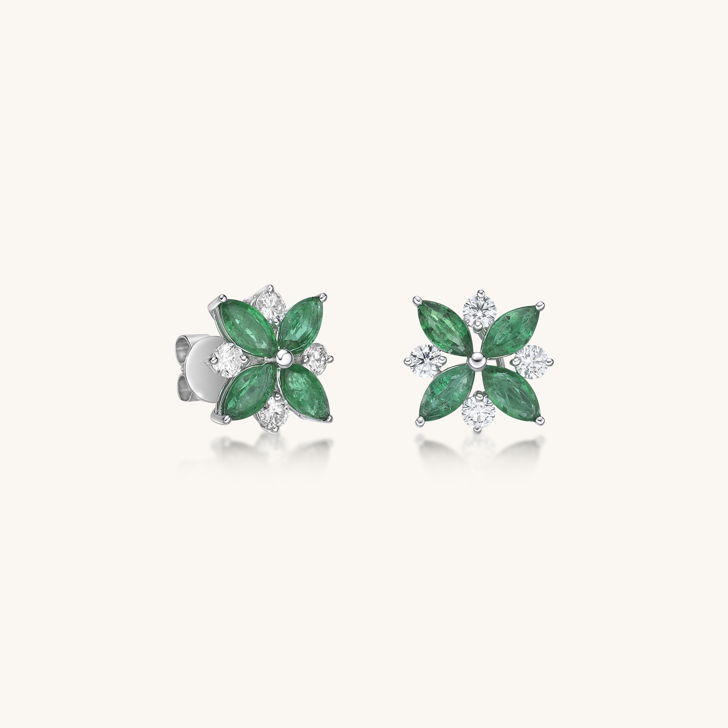 MarquiseShape Emerald and Brilliant Cut Diamond Stud Earrings