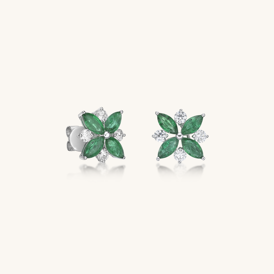 MarquiseShape Emerald and Brilliant Cut Diamond Stud Earrings