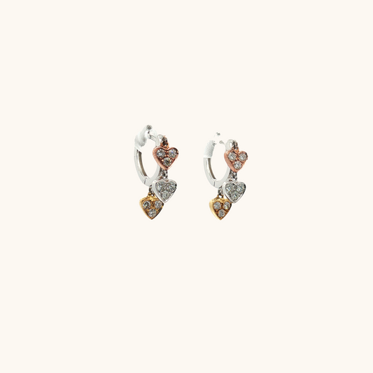 3 Tone Diamond Heart Earrings