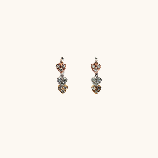 3 Tone Diamond Heart Earrings