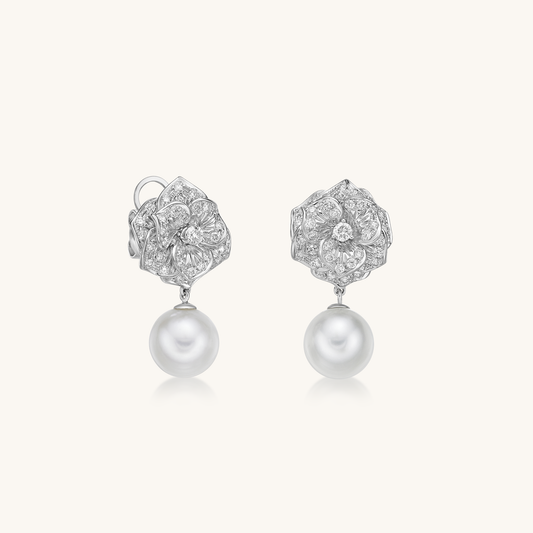 Diamond Rose and Pearl Earrings