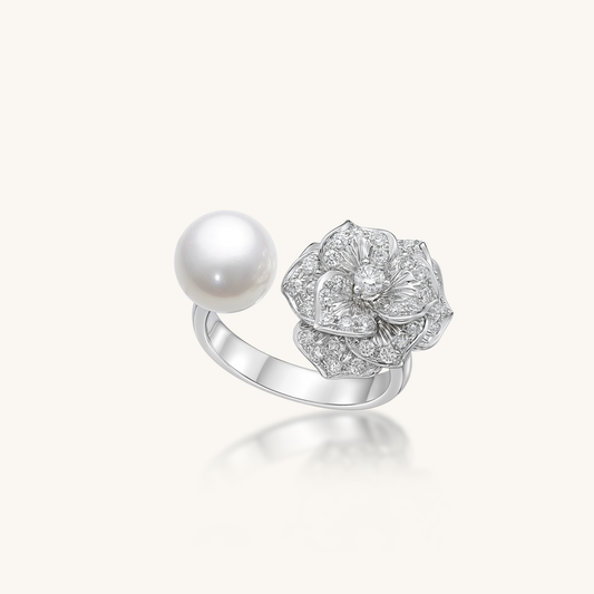 Diamond Rose and Pearl Ring