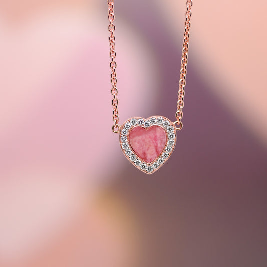 Heart Rhodonite Diamond Halo Necklace